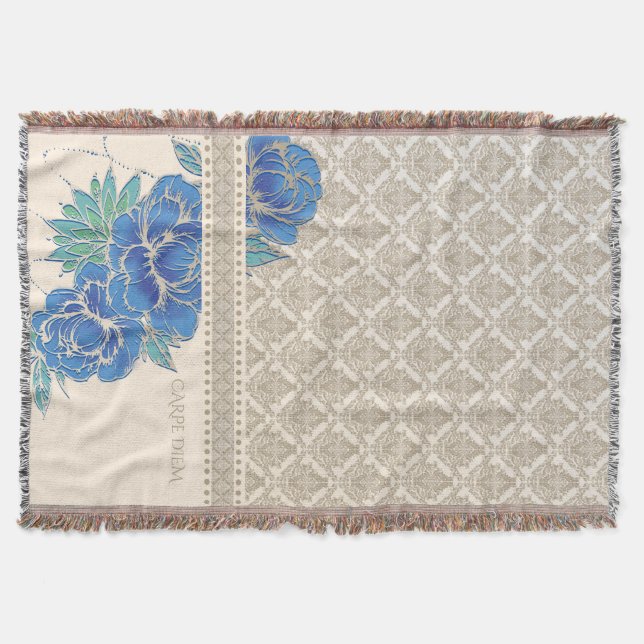 BLUE PEONIES & DAMASK - Throw Blanket Filt (Framsidan)