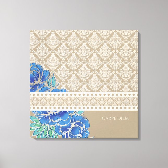 BLUE PEONIES & DAMASK - Wrapped Canvas (Framsida)