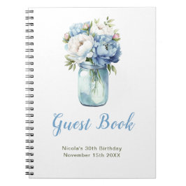 Blue Peonies Mason Jar Birthday Party Guest Book Anteckningsbok
