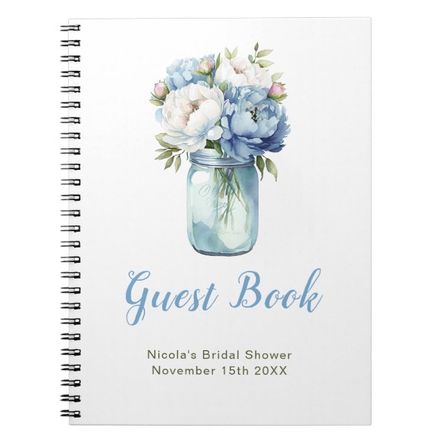 Blue Peonies Mason Jar Bridal Shower Guest Book Anteckningsbok (Framsidan)