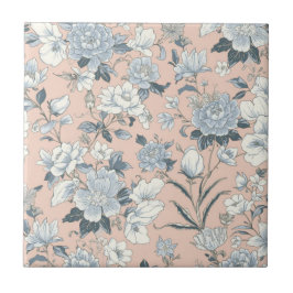 Blue Peonies Peach Botanical Vintage Floral Kakelplatta