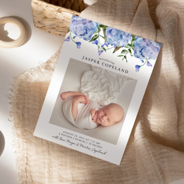 Blue Peony Baby Photo Birth Announcement Meddelande (Skapare uppladdad)