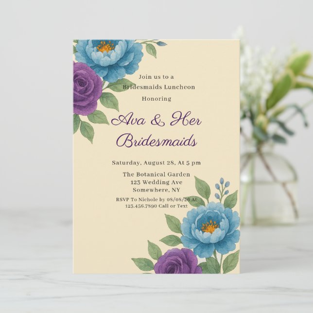 Blue Peony & Fig Lila Ro Bridesmaids Luncheon Inbjudningar (Stående Fram)