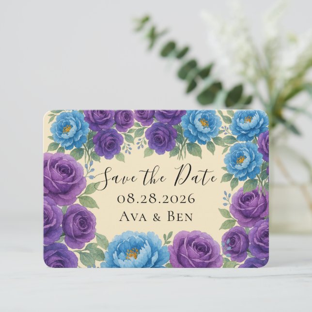 Blue Peony & Fig Lila Ro Spara datumkort (Stående Fram)