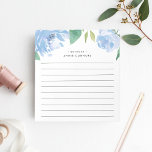 Blue Peony | Längd Personlig Anteckningsblock<br><div class="desc">anteckningsblocket blommigt i chic har en överkant gräns av blommor med vattenfärg i mjuka blå nyanser med löv av lush grönt. Anpassa med två linjer anpassningsbar text i modern stil,  som visas med Fransken hälsning bonjour och ditt namn. Längd.</div>