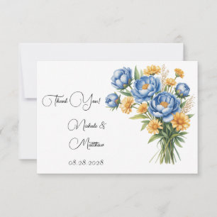 Blue Peony och Gult Daisyn Bröllop Tack Kort