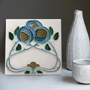 Blue Peony Wall Decor Art nouveau Art Deco Gibbons Kakelplatta