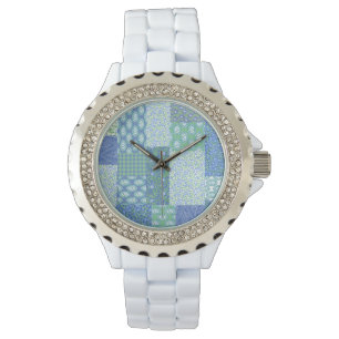 Blue Periwinkle Blommigt Boho Faux Patchwork Mönst Armbandsur