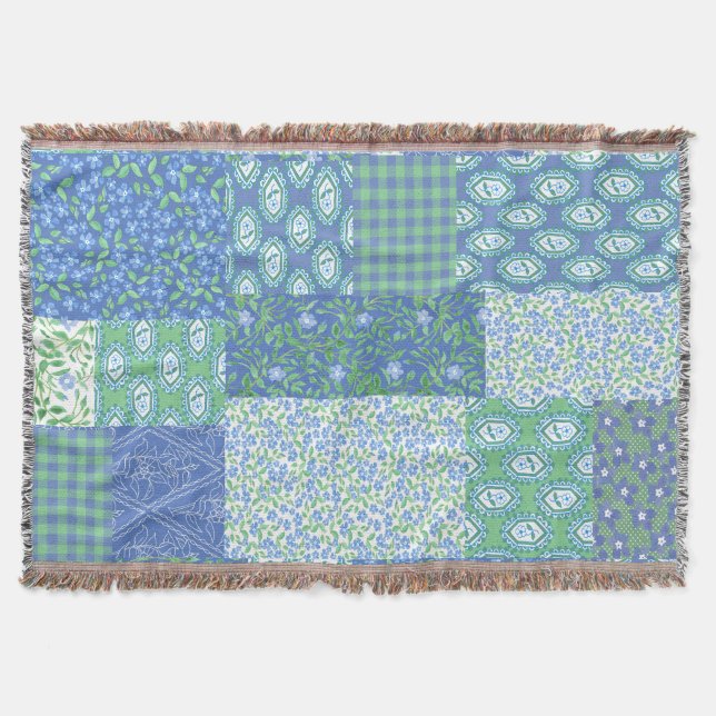 Blue Periwinkle Blommigt Boho Faux Patchwork Mönst Filt (Framsidan)