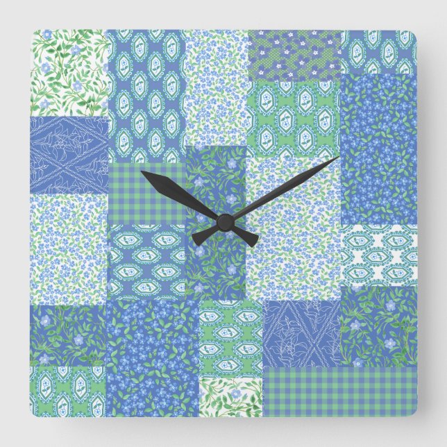 Blue Periwinkle Blommigt Boho Faux Patchwork Mönst Fyrkantig Klocka (Framsida)