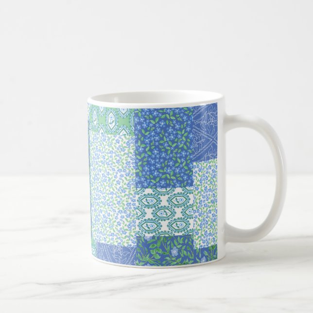 Blue Periwinkle Blommigt Boho Faux Patchwork Mönst Kaffemugg (Höger)