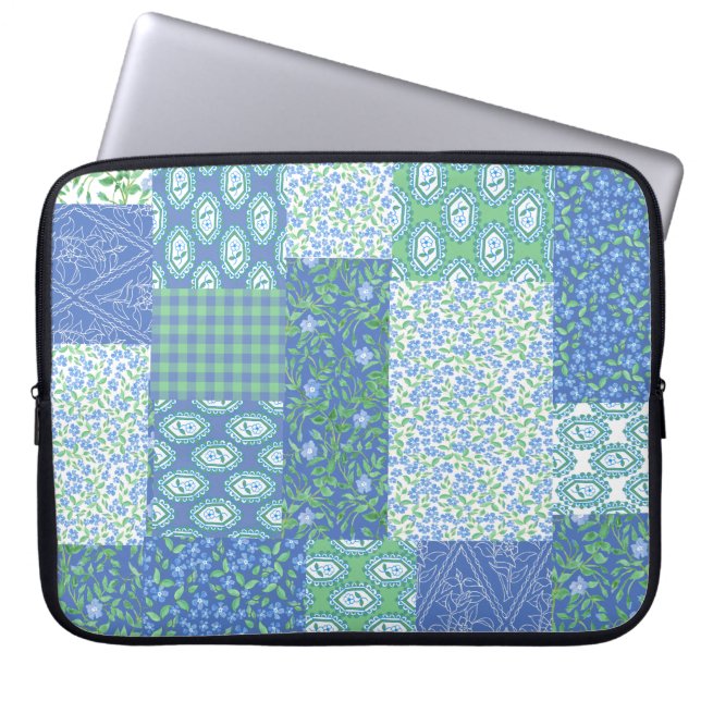 Blue Periwinkle Blommigt Boho Faux Patchwork Mönst Laptop Fodral (Framsidan)