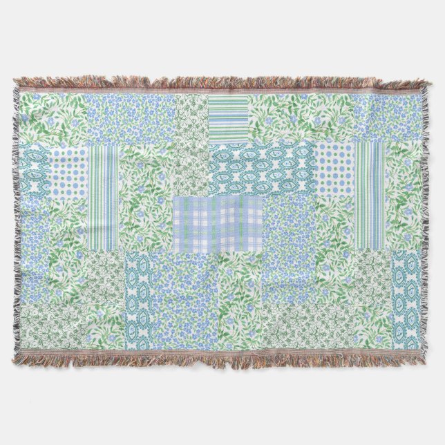 Blue Periwinkle Flowers Vintage Faux Patch Mönster Filt (Framsidan)
