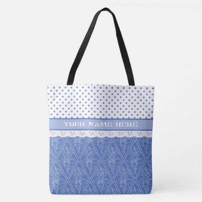 Blue Periwinkle Mönster, Faux Snöre, Polka dots Tygkasse (Framsida)