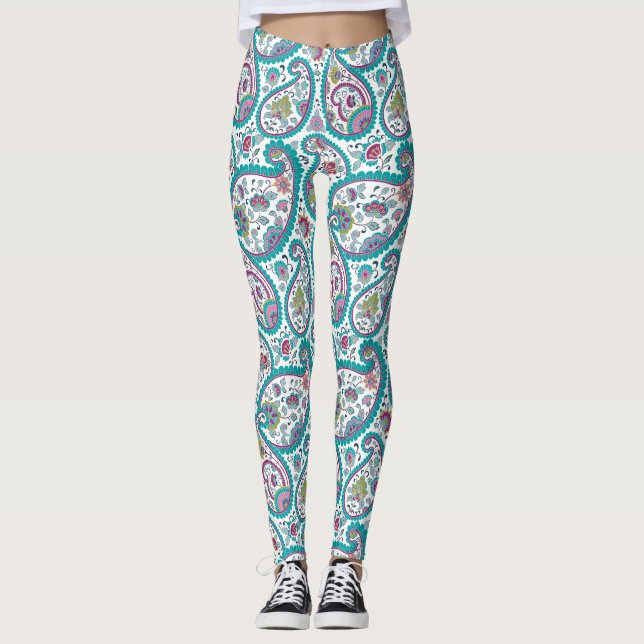 Blue Persian Boteh Paisley Mönster Yoga Leggings (Framsida)