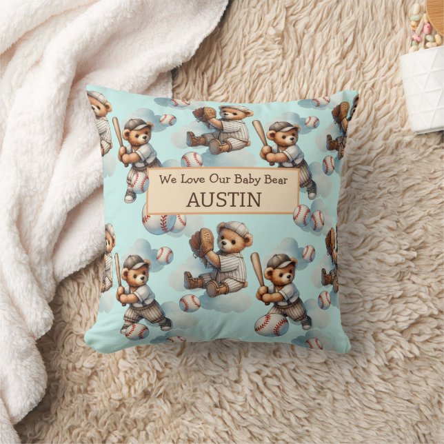 Blue Personalized Watercolor Teddy Bears Kudde (Filt)