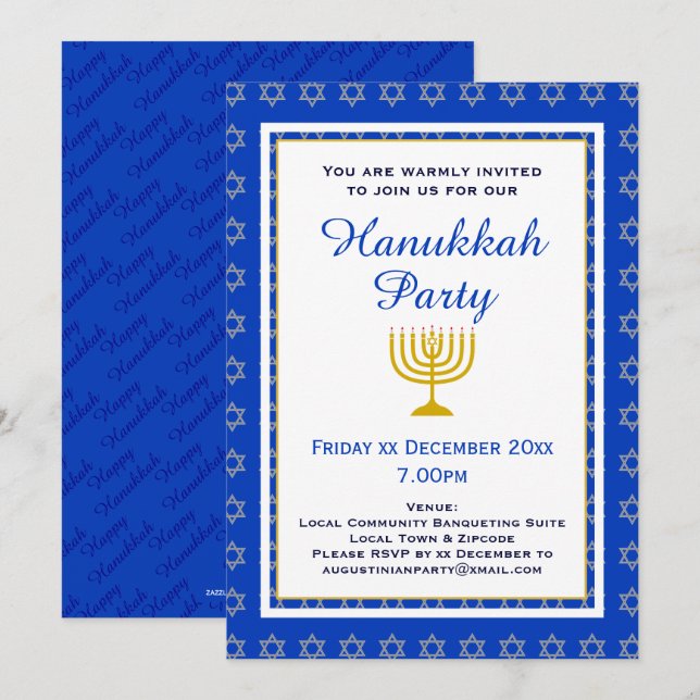 Blue Personlig Menorah HANUKKAH Party Inbjudningar (Fram/baksida)