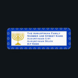 Blue Personlig Menorah HANUKKAH Returadress Returadress Etikett<br><div class="desc">Snyggt blå Menorah-RETURETIKETTER som visar guld färgad-menorah mot blå bakgrund med silver grått-stjärnan David mönster. Det finns platshållartext för anpassadet,  så att du kan anpassa den med dina egna uppgifter. Perfekt tillägg till dina Hanukkah-temade kort och inbjudningar. Matchande kontorsmaterial och presenter finns i HANUKKAH Collection by Berean Designations.</div>