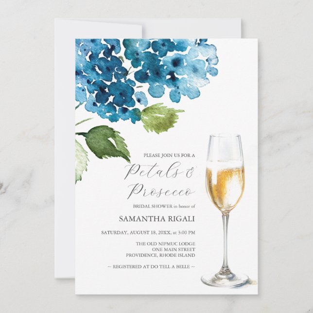 Blue Petals and Prosecco Bridal Shower Invitations (Framsida)