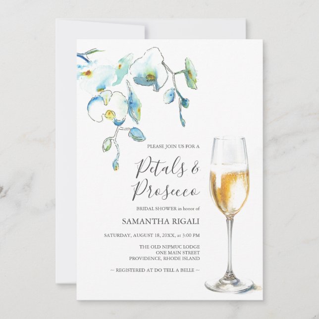 Blue Petals and Prosecco Bridal Shower Invitations (Framsida)