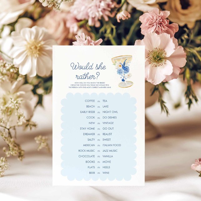 Blue Petals och Prosecco, skulle hon hellre leka? (Would She Rather Blue Floral Bridal Shower Game)