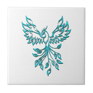 Blue Phoenix Rises on White Kakelplatta