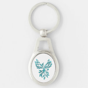 Blue Phoenix Rises on White Ovalt Silverfärgad Nyckelring