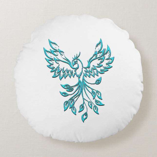 Blue Phoenix Rises on White Rund Kudde (Framsidan)