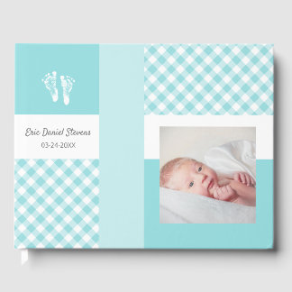 Blue Photo Birth Announcement Gingham Footprint Gästböcker