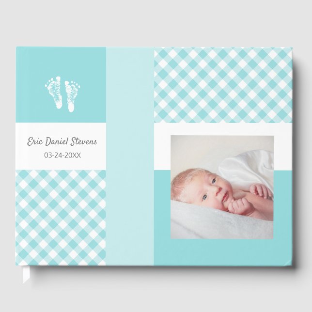 Blue Photo Birth Announcement Gingham Footprint Gästböcker (Framsida)
