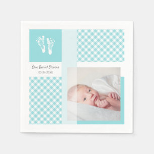 Blue Photo Birth Announcement Gingham Footprint Pappersservett