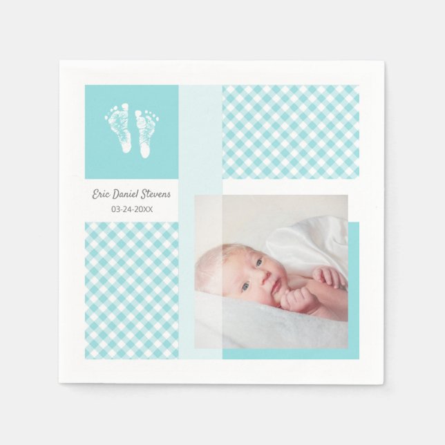 Blue Photo Birth Announcement Gingham Footprint Pappersservett (Framsidan)