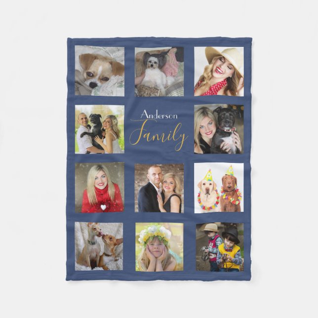 BLUE Photo Blanket Collage Instagram Guld Fleecefilt (Framsidan)