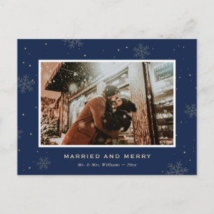 Blue Photo Married and Merry Newlyed jul Helg Vykort