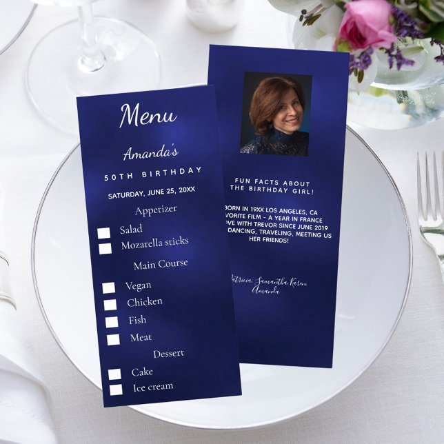 Blue photo meal options fun facts birthday menu reklamkort (Skapare uppladdad)