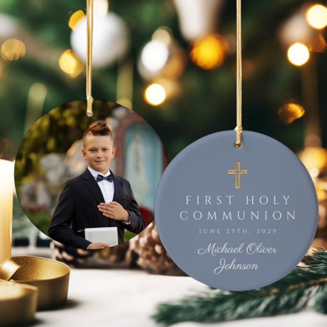 Blue Photo Religiösa Kor Boy First Communion Julgransprydnad Keramik (Blue Photo Religious Cross Boy First Communion Ceramic Ornament)