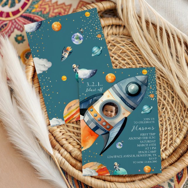 Blue Photo Rocket First Trip Around the Sun Space Inbjudningar (Skapare uppladdad)