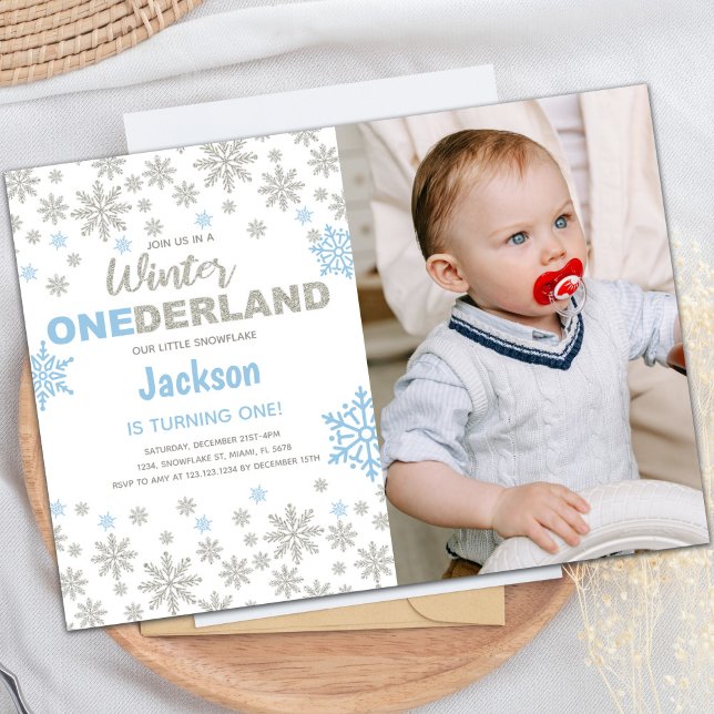 Blue Photo SnowFlake Winter Birthday Onederland Inbjudningar (Blue Photo SnowFlake Winter Birthday Onederland Invitation)