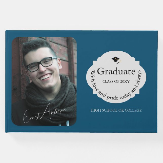 Blue Photo Student Simple Chic Elegant Studenten Gästböcker (Framsida)