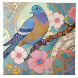 Blue Pigeon Bird Rosa Blommigt Vår blommor Aqua Kakelplatta