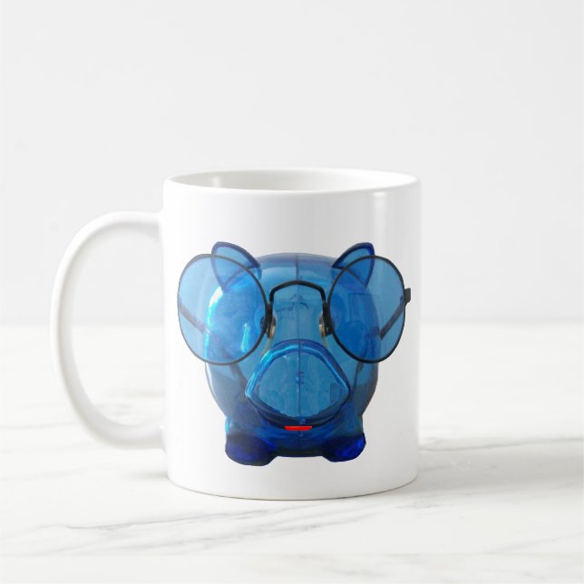 Blue Piggy Bank med glasögon Kaffemugg (Vänster)