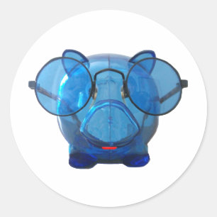 Blue Piggy Bank med glasögon Runt Klistermärke