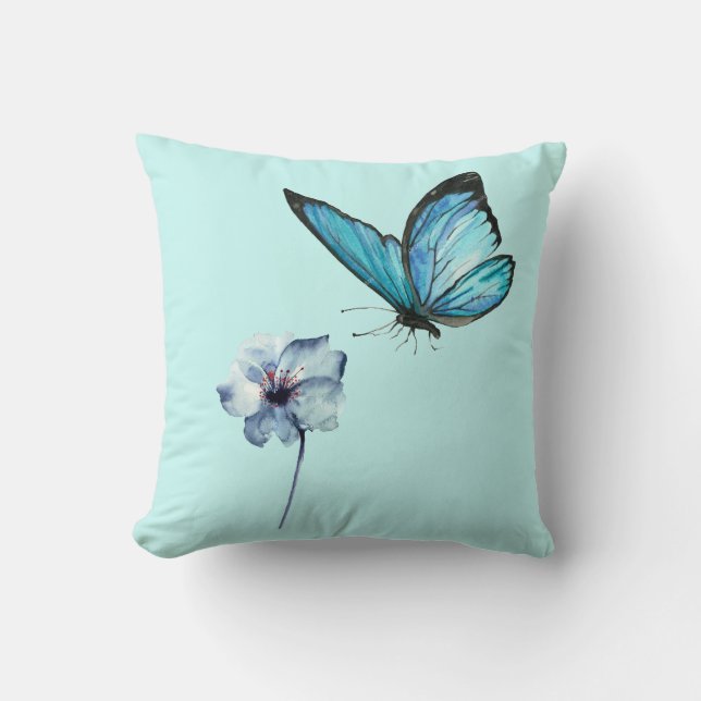Blue Pillow with Butterfly and Blue Flower Kudde (Framsida)