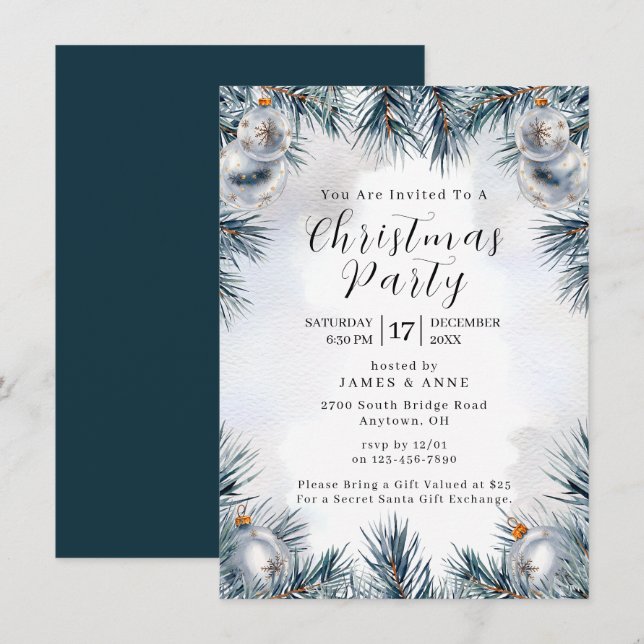Blue Pine Christmas Party Invitation Inbjudningar (Fram/baksida)