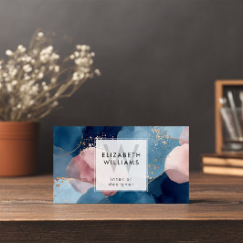 Blue Pink Gold Monogram Modern Business Card Visitkort