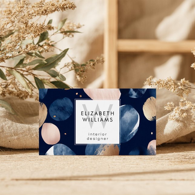 Blue Pink Gold Monogram Modern Business Card Visitkort (Skapare uppladdad)