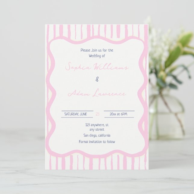 Blue pink Hand Written Pinstripe Whimsical Wedding Inbjudningar (Stående Fram)