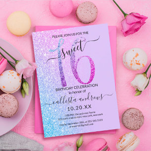 Blue Pink Lavender Silver Glitter Ombre Sweet 16 Inbjudningar