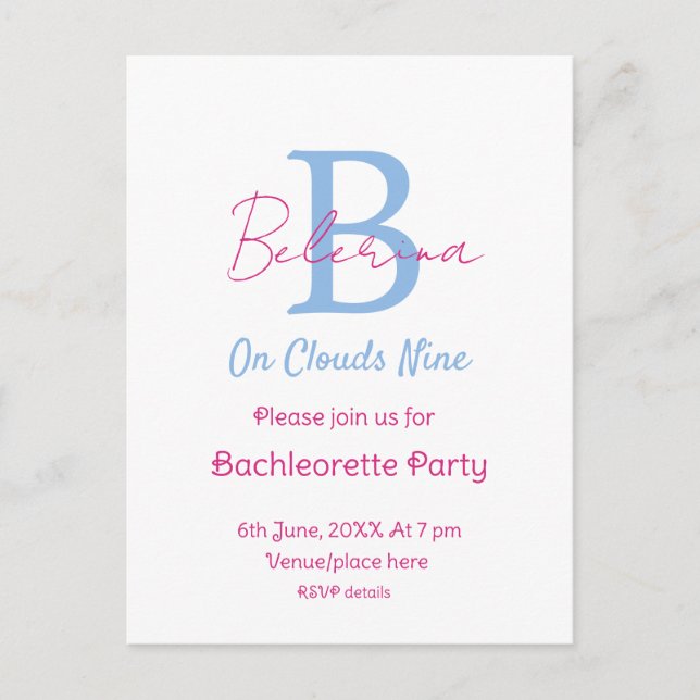 blue pink on clouds nine monogram bachelorette par inbjudan vykort (Framsida)