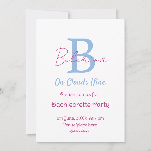 blue pink on clouds nine monogram bachelorette par inbjudningar (Framsida)